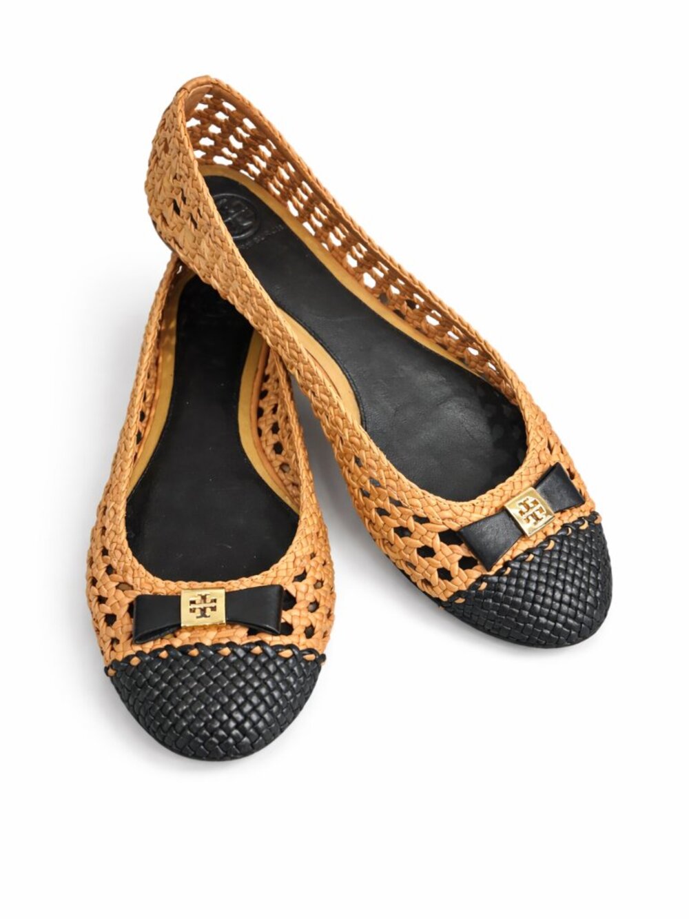 Tory Burch Carlyle Woven Ballet Flats Tan Black Cap Toe Size 9.5 - Picture 2 of 5